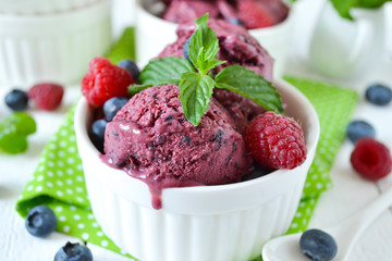 Summer cold dessert - blueberry ice cream with mint on a white background 