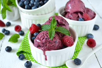Summer cold dessert - blueberry ice cream with mint on a white background 