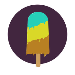 Fruit ice lolly with melting effect on the purple circle background.