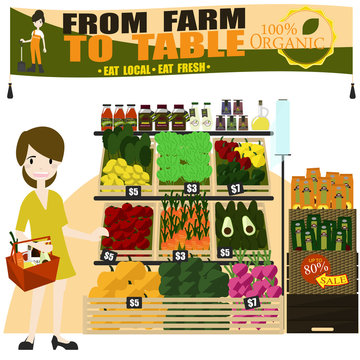 Fresh organic Vegetables and fruits on shelf in supermarket, farmers market. Healthy food concept.Vector/Illustration