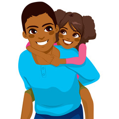 Handsome African American young father with his daughter on piggyback ride smiling happy together
