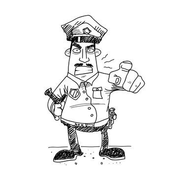 Grumpy Cop Police. A Hand Drawn Vector Doodle Illustration Of An Angry Cop Pointing His Finger And Yelling At Something.