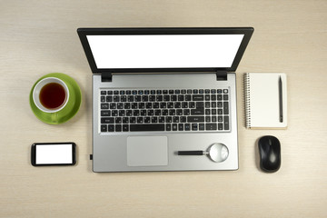 Office desk table with supplies. Top view. Copy space for text