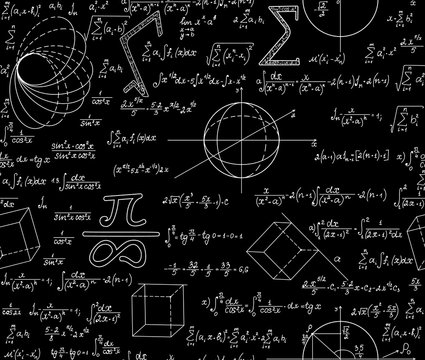 Mathematical vector seamless pattern with various algebra signs, formulas, calculations, equations, numbers. Math endless texture, "handwritten with chalk on blackboard" effect