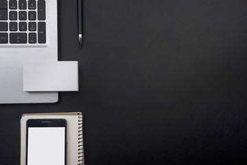 Office desk table with supplies. Top view. Copy space for text