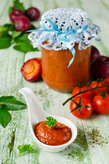 Tomato ketchup sauce with garlic, spices and plums