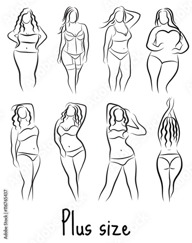 "Set Girl silhouette sketch plus size model. Curvy woman symbol. Vector