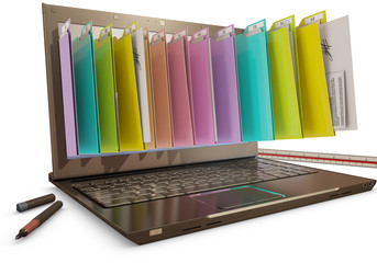 file in database - laptop with folders, 3d rendering - obrazy, fototapety, plakaty