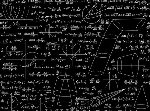 Mathematical vector educational seamless pattern with various mathematical signs, figures and calculations. Scientific endless texture