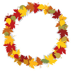 Naklejka na ściany i meble Autumn leaves round frame. Beautiful autumn leaves round frame with yellow and red leaves. Place for your image or text. Vector available. 