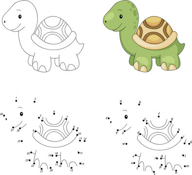 Cartoon turtle. Coloring book and dot to dot game for kids