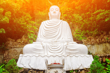 Majestic view of Buddha statue among green trees. Toned image