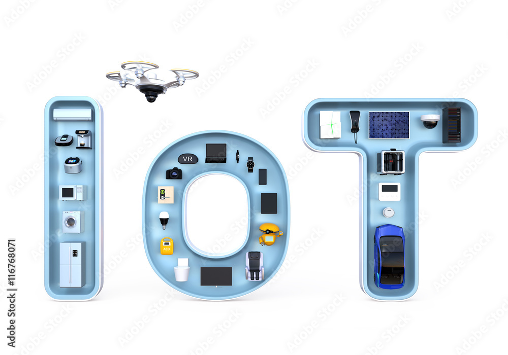 Poster smart appliances in word iot. internet of things concept for consumer products. 3d rendering image.