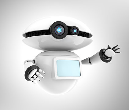 White robot with blank monitor isolated on gray background. 3D rendering image with clipping path.
