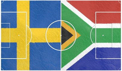 Flags of countries participating to the football tournament. Football field textured by South Africa and Sweden national flags.3D rendering