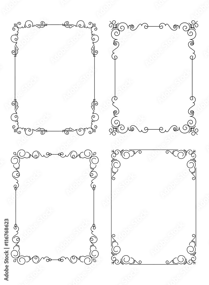 Poster Set of six unusual calligraphic frames in mono line style with rounded corners and crowns.