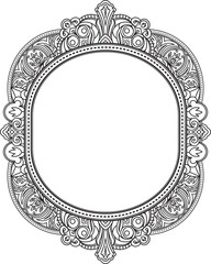 Rich decorated unusual oval frame pattern. Vector decorative background in ethnic Indian style for coloring book, design of textile, bags, product packaging, brochures, flyers.