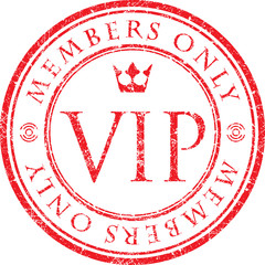 VIP. Members only. Red vector grunge style rubber stamp with cro