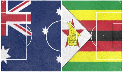 Flags of countries participating to the football tournament. Football field textured by Germany and Zimbabwe national flags. 3D rendering