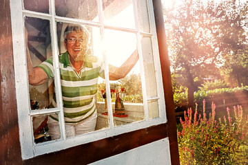 Elderly Lady Looking out of the Summer House