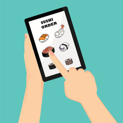 Vector of hand using the smartphone to order sushi for E-commerce concept, online sushi delivery
