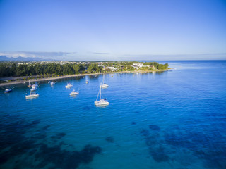 Mauritius beach aerial view of Bain Boeuf Beach in Grand Baie, Pereybere North
