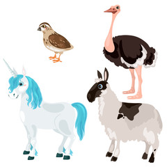 Unicorn, ostrich, deer and little bird, vector