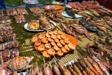 Variety of grilled seafood in the market in Kota Kinabalu, Sarawak, Malaysia