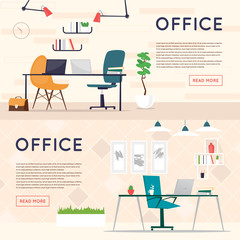 Office interior with designer desktop, business workspace in the office. Workplace. Flat design vector illustration. Banners.