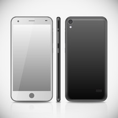 Black smartphone mockup with blank screen. Mobile phone isolated on white background. Realistic vector illustration for web design and application development.