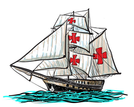 Columbus ship hand draw and paint on white background vector illustration.