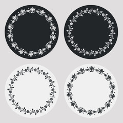 Set of silhouette round frames with roses. Design elements for graphic backgrounds. Vector clip art.