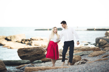 Charming bride, elegant groom on landscapes of mountains and sea Gorgeous wedding couple