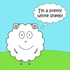 Smiling comic white sheep with speech bubble