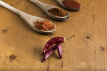 red chili pepper , some whole, some ground, some chopped and some homemade sauce on wooden table