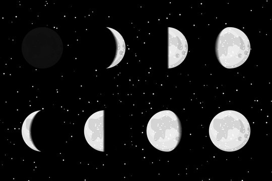 Vector lunar phases icons on starry dark background