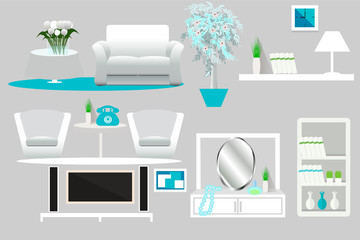 A set of furniture for the living room. Living room interior vector illustration