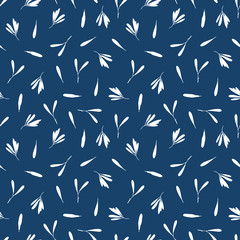 Vector seamless pattern with silhouettes of leaves and seeds of tree,  hipster vector background.