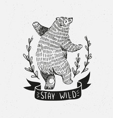 Fototapeta premium Hand drawn dancing bear. Vector sketch illustration with stylish lettering 