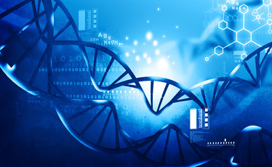 3d render of DNA structure on blue background.