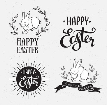 Easter set with lettering, sunburst and rabbit. Vector illustration. Happy Easter greeting cards. Grunge effect are isolated.