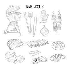 Barbecue Related Isolated Items And Food Hand Drawn Realistic Sketch