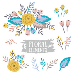 Hand Drawn vintage floral elements. Set of flowers. You can make your vintage floral bouquet!