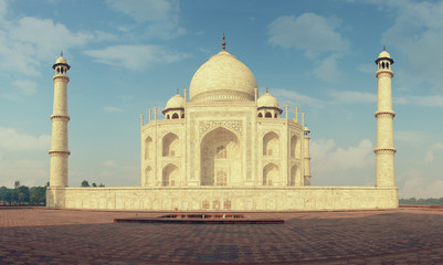 Fototapeta na wymiar India, Taj Mahal. Indian palace Tajmahal world landmark. The image of the TajMahal with a beautiful sky and clouds. Taj Mahal panorama with high resolution. Mosque for all lovers. Taj Mahal
