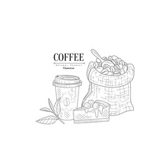 Coffee Cup To Go, Cheesecake And Bag With Beans Hand Drawn Realistic Sketch