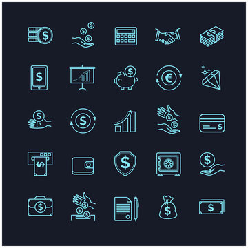 Money icons set. UI money elements on a black background
