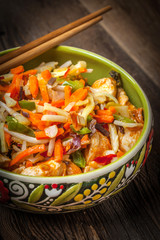 Bowl of fried chicken with vegetables.