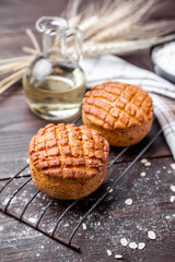 Delicious pastry on dark wooden background