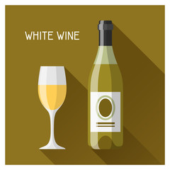 Bottle and glass of white wine in flat design style