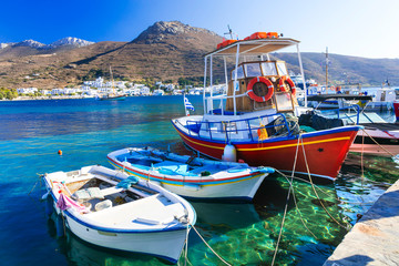 traditonal fishing boats in Katapola port, Amorgos island, Greece